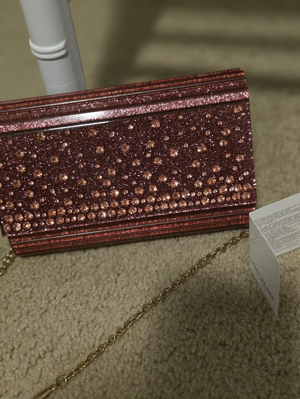 Kurt Geiger Glitter Rhinestone Foldover Clutch in Rose Metallic/ NEW